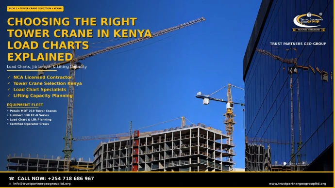 Choosing the right tower crane in Kenya — Trust Partners Geo Group tower cranes with extended jibs working over a multi-storey concrete building under construction, reflected in a neighbouring glass tower. NCA licensed contractor for tower crane selection, load chart analysis, jib length planning, and lifting capacity calculations. Call +254 718 686 967