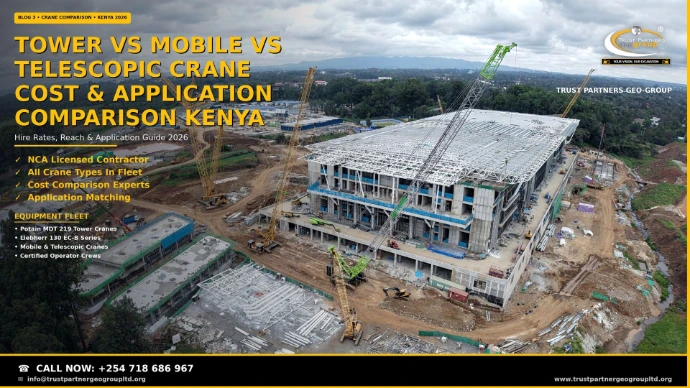 Tower crane vs mobile crane vs telescopic crane comparison in Kenya — aerial view of a Trust Partners Geo Group construction site with yellow tower cranes, mobile cranes, and telescopic cranes working across a large commercial development. NCA licensed contractor comparing hire rates, reach, and applications for all crane types. Call +254 718 686 967.