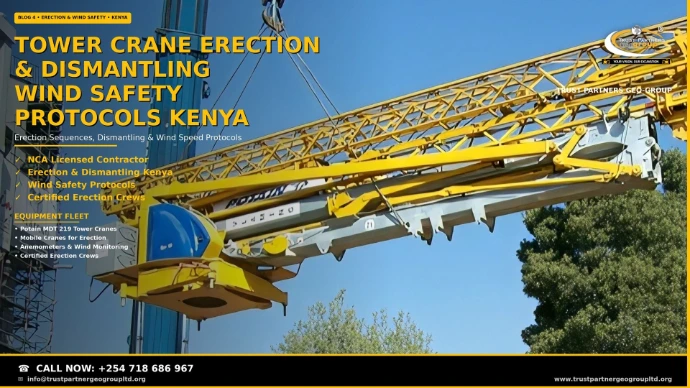 Tower crane erection and dismantling in Kenya — a blue telescopic mobile crane lifting a yellow tower crane jib section into place beside a scaffolded building under construction. Trust Partners Geo Group, NCA licensed contractor for tower crane erection sequences, dismantling, anemometer-based wind monitoring, and safety protocols. Call +254 718 686 967.
