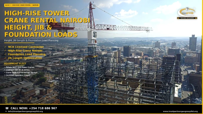 Tower crane rental for high-rise buildings in Nairobi — a Trust Partners Geo Group tower crane at full height above a multi-storey steel-framed high-rise under construction, with the city skyline and distant hills behind. NCA licensed contractor for high-rise tower crane hire, height planning, jib length optimization, and foundation load design. Call +254 718 686 967.
