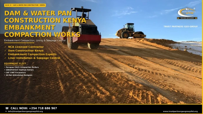 Dam and water pan construction in Kenya — Trust Partners Geo Group compaction rollers compacting a large earthfill embankment in layered lifts beside a water pan, with tire tracks and graded slopes under a clear blue sky. NCA licensed contractor for dam embankment construction, liner installation, and seepage control. Call +254 718 686 967
