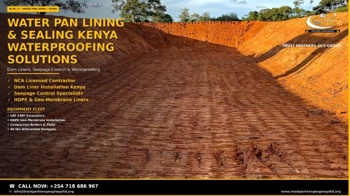 Water pan lining and sealing in Kenya — a freshly excavated and shaped water storage pan with a compacted ribbed floor and trimmed orange-brown cut walls, ready for HDPE geo-membrane liner installation. Trust Partners Geo Group, NCA licensed contractor for dam liners, seepage control, and waterproofing solutions. Call +254 718 686 967