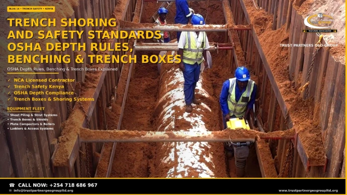 Trench shoring and safety standards in Kenya — a deep sheet-piled utility trench with horizontal steel struts, workers in blue hard hats and hi-vis vests, a compaction plate in the trench floor, ladder access, and red-and-white safety fencing at ground level. Trust Partners Geo Group, NCA licensed contractor for OSHA depth compliance, benching, and trench box systems. Call +254 718 686 967.