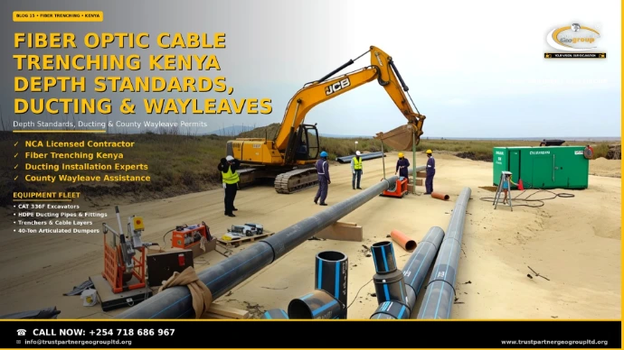 Fiber optic cable trenching in Kenya — black HDPE ducting pipes with blue stripes staged for installation at a rural trenching site, with a JCB tracked excavator, workers in hi-vis vests and hard hats, pipe fusion equipment, and a green site storage container. Trust Partners Geo Group, NCA licensed contractor for fiber trenching depth standards, ducting installation, and county wayleave permits. Call +254 718 686 967