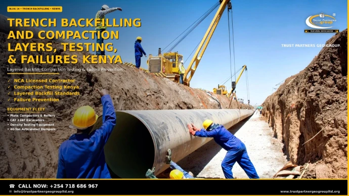 Trench backfilling and compaction standards in Kenya — a deep open pipeline trench with a large-diameter steel main being lowered in by yellow side-boom cranes, workers in blue overalls and yellow hard hats guiding the pipe from the trench floor and top edge. Trust Partners Geo Group, NCA licensed contractor for layered backfill placement, compaction testing, and failure prevention. Call +254 718 686 967."
