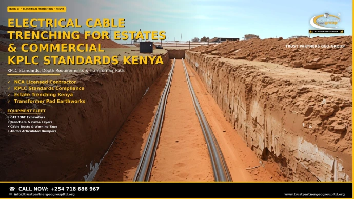 Electrical cable trenching for estates and commercial projects in Kenya — a long, straight open trench with two cable ducts laid along its base, cleanly trimmed vertical walls, spoil windrows on both sides, and compacted sand bedding, with site fencing and a green field beyond. Trust Partners Geo Group, NCA licensed contractor for KPLC-standards electrical trenching, depth compliance, and transformer pad earthworks. Call +254 718 686 967