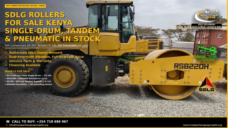 SDLG compaction rollers for sale in Kenya — a yellow SDLG RS8220H 20-tonne single-drum soil compactor with power-shift transmission parked on gravel at the Trust Partners Geo Group yard, drum scraper and cab visible with shipping containers behind. Sold by Trust Partners Geo Group, sub-dealer of Crucial Tools Services Ltd, authorized SDLG dealer. Full range from 10t single-drum to 26t deep-lift specialists, 8–12t tandem asphalt rollers, and the 30t RP6300 pneumatic, with dual-amplitude vibration, genuine parts, warranty, and financing available. Call +254 718 686 967 to buy