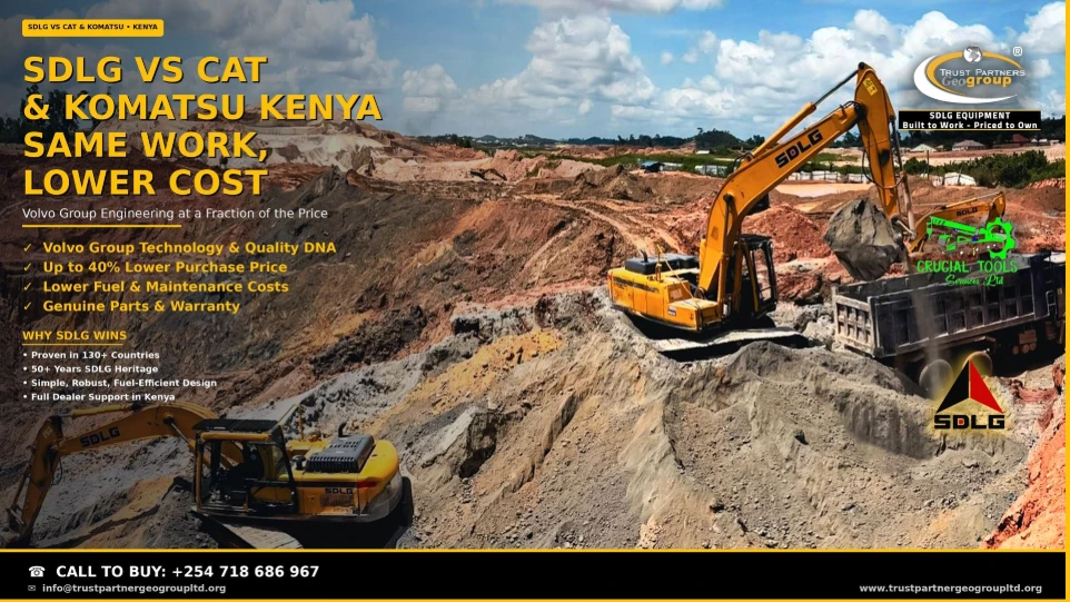SDLG vs CAT and Komatsu in Kenya — two yellow SDLG crawler excavators loading dump trucks in tandem at a large quarry with terraced earthworks and red-brown spoil piles. SDLG delivers Volvo Group engineering and quality at up to 40% lower purchase price, with lower fuel and maintenance costs, proven in over 130 countries and 50+ years of manufacturing heritage. Sold by Trust Partners Geo Group, sub-dealer of Crucial Tools Services Ltd, authorized SDLG dealer. Call +254 718 686 967