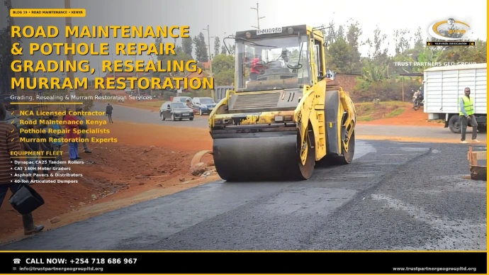 Road maintenance and pothole repair in Kenya — a yellow tandem roller compacting fresh asphalt on a road section under repair, with traffic queued behind the works, residents watching from the red-soil verge, and a worker in a hi-vis vest by a truck on the right. Trust Partners Geo Group, NCA licensed contractor for road grading, resealing, and murram restoration. Call +254 718 686 967.
