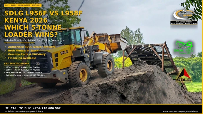SDLG L956F vs L958F wheel loader comparison in Kenya 2026 — a yellow SDLG L956F production loader dumping aggregate into a screening plant at a sand quarry with conveyor and green hills behind, with Trust Partners Geo Group, Crucial Tools Services Ltd, and SDLG logos displayed on the right. Side-by-side specs: L956F with 3.0m³ bucket and 5.0t payload vs L958F with 3.2m³ bucket and 5.4t payload, both Weichai 162kW with 175kN breakout force, price difference KSh 400,000–600,000. Sold by Trust Partners Geo Group, sub-dealer of Crucial Tools Services Ltd, authorized SDLG dealer. Call +254 718 686 967.