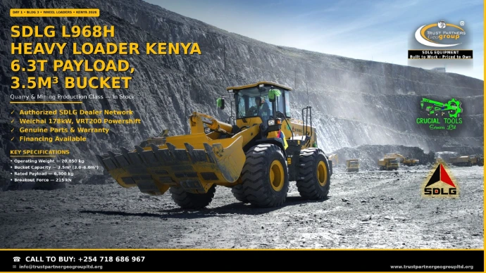 SDLG L968H heavy wheel loader in Kenya 2026 — a yellow SDLG L968H 6-tonne class loader with spade nose bucket working in a white marble quarry with terraced rock faces, with Trust Partners Geo Group, Crucial Tools Services Ltd, and SDLG logos displayed on the right. Key specifications: 20,850 kg operating weight, 3.5m³ bucket capacity (3.0–6.0m³ options), 6,300 kg rated payload, 215 kN breakout force, Weichai 178kW with VRT200 electronic powershift. Built for quarry and mining production. Sold by Trust Partners Geo Group, sub-dealer of Crucial Tools Services Ltd, authorized SDLG dealer. Call +254 718 686 967