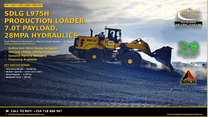 SDLG L975H production wheel loader in Kenya 2026 — a yellow SDLG L975H 7-tonne class loader dumping coal or mineral aggregate at a mining site with dark spoil piles, with Trust Partners Geo Group, Crucial Tools Services Ltd, and SDLG logos displayed on the right. Key specifications: 26,690 kg operating weight, 4.5m³ bucket capacity (3.5–7.0m³ options), 7,000 kg rated payload, 195 kN breakout force, Weichai 199kW with 28MPa high-pressure hydraulics and 40km/h top speed. Sold by Trust Partners Geo Group, sub-dealer of Crucial Tools Services Ltd, authorized SDLG dealer. Call +254 718 686 967
