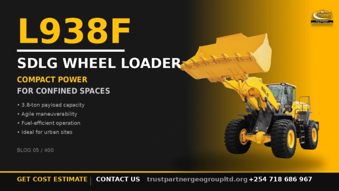 Promotional graphic for Blog 5 of 400 in the SDLG Equipment Kenya series. Features the SDLG L938F wheel loader, a compact 3.8-ton payload capacity loader designed for confined spaces and urban construction sites. Yellow and black branded design with Trust Partners Geo Group logo. Call-to-action: Get cost estimate, contact us at +254 718 686 967, or visit trustpartnergeogroupltd.org.