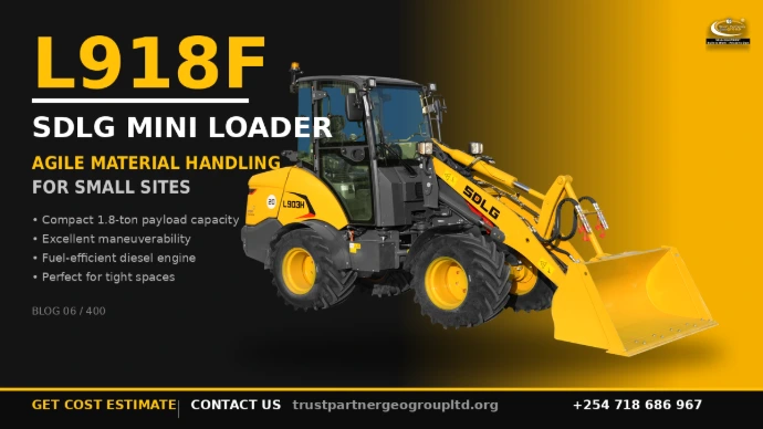 Promotional graphic for Blog 6 of 400 in the SDLG Equipment Kenya series. Features the SDLG L918F mini loader, a compact 1.8-ton payload capacity loader designed for agile material handling on small sites and tight spaces. Yellow and black branded design with Trust Partners Geo Group logo. Call-to-action: Get cost estimate, contact us at +254 718 686 967, or visit trustpartnergeogroupltd.org