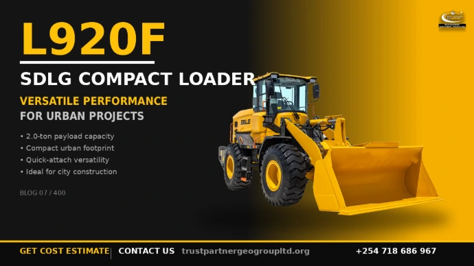 Promotional graphic for Blog 7 of 400 in the SDLG Equipment Kenya series. Features the SDLG L920F compact loader, a 2.0-ton payload capacity loader designed for versatile performance on urban projects and city construction sites. Yellow and black branded design with Trust Partners Geo Group logo. Call-to-action: Get cost estimate, contact us at +254 718 686 967, or visit trustpartnergeogroupltd.org