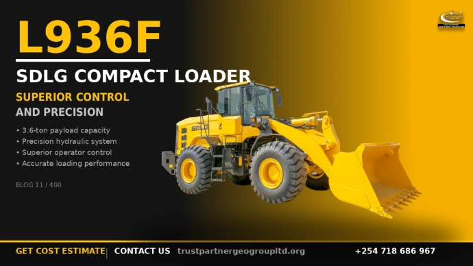 Promotional graphic for Blog 11 of 400 in the SDLG Equipment Kenya series. Features a large, prominent yellow SDLG L936F compact wheel loader with 3.6-ton payload capacity, precision hydraulic system, superior operator control, and accurate loading performance. Loader takes up significant right portion of frame while maintaining readable text on left. Trust Partners Geo Group logo. CTA: Get cost estimate, contact +254 718 686 967, or visit trustpartnergeogroupltd.org