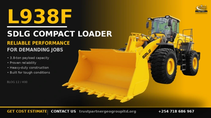 Promotional graphic for Blog 12 of 400 in the SDLG Equipment Kenya series. Features a large, prominent yellow SDLG L938F compact wheel loader with 3.8-ton payload capacity, proven reliability, heavy-duty construction, and built for tough conditions. Loader takes up significant right portion of frame while maintaining readable text on left. Trust Partners Geo Group logo. CTA: Get cost estimate, contact +254 718 686 967, or visit trustpartnergeogroupltd.org.