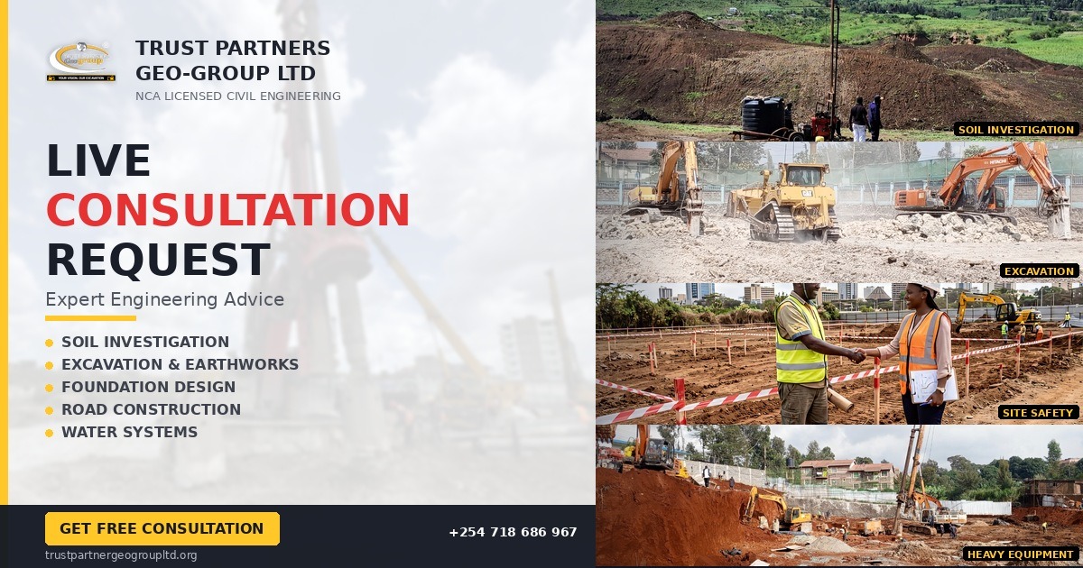 Trust Partners Geo-Group live consultation request poster with piling rig visible as background inside white translucent left panel showing services list and contact information plus right side collage of four construction images including drilling rig excavation site safety handshake and heavy equipment.